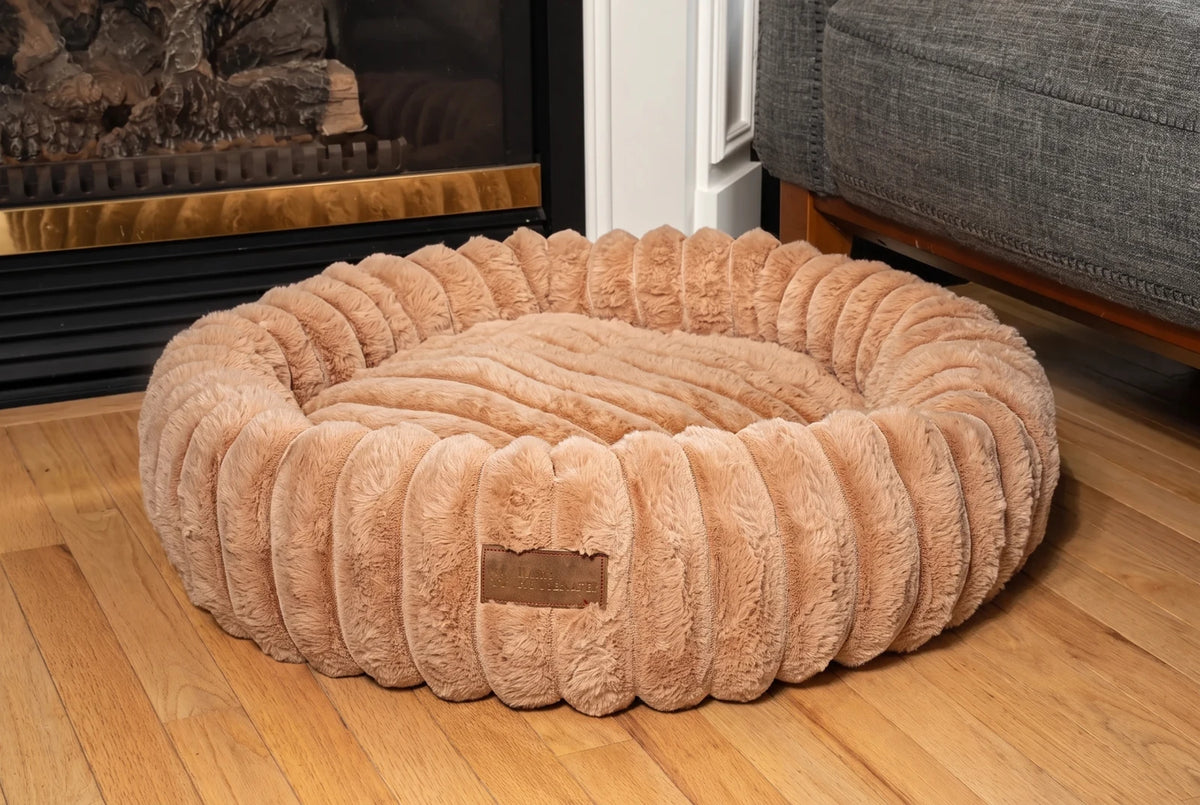 A sienna corduroy bed by the fireplace in a real living room